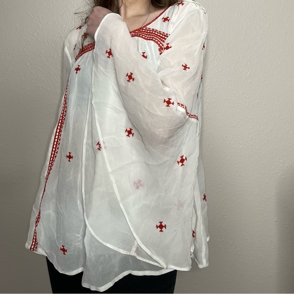 Floreat Tops - Floreat White Long Flared Sleeve Top with Red Embroidery